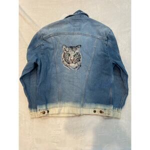 Vintage 90s WRANGLER Denim Jacket Men's M Embroidered Tiger Head Dip Dye Western